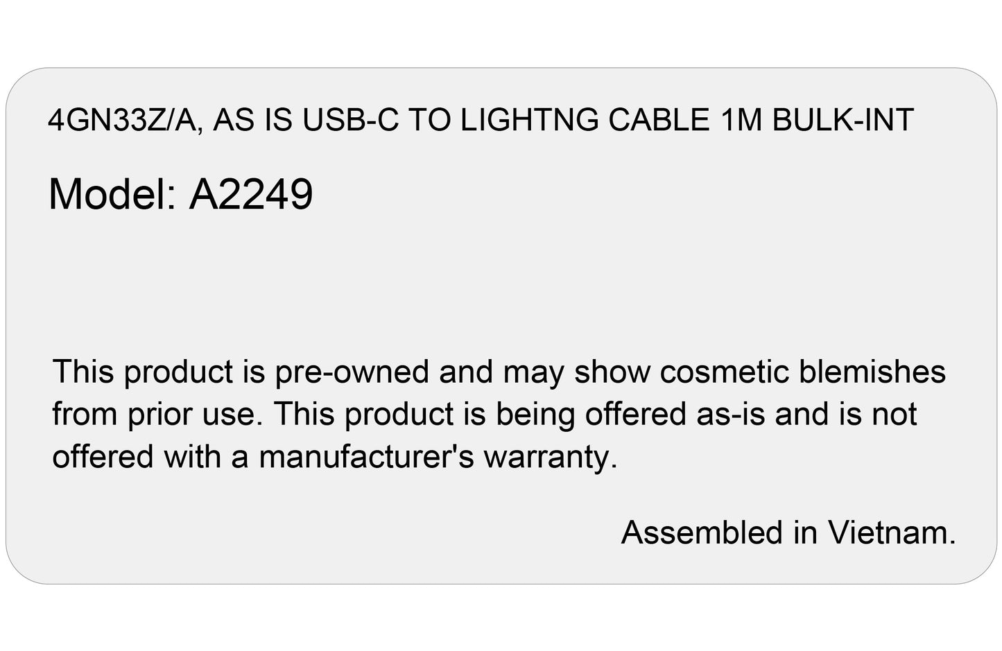 Data and Charging Cable USB-C - Apple Lightning, 96W, 1m, White, As is 4GN33Z/A